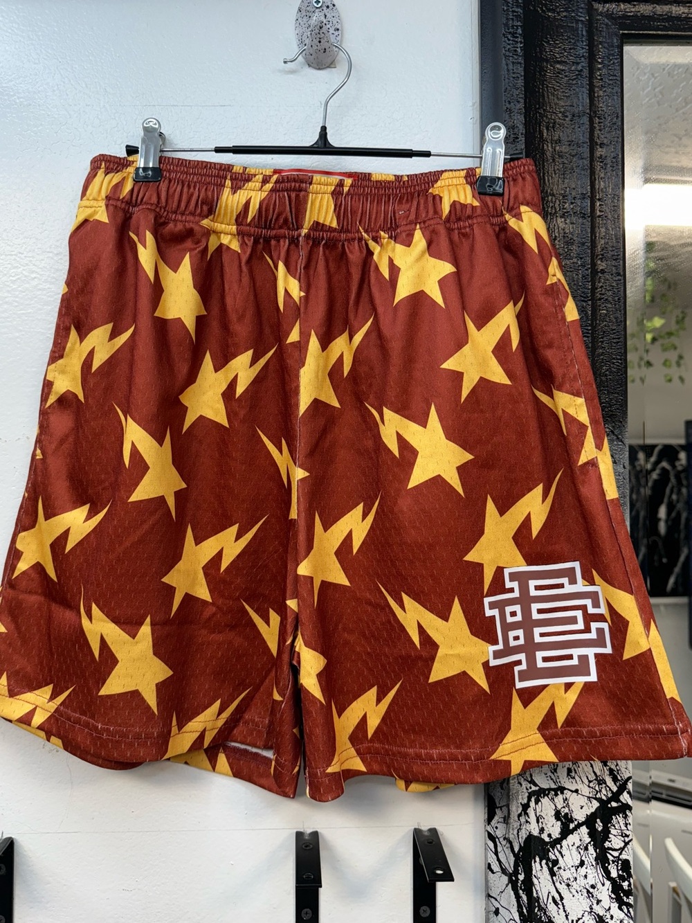 Eric Emanuel x Bape Men's Star & Lightning Athletic Shorts in Maroon & Gold